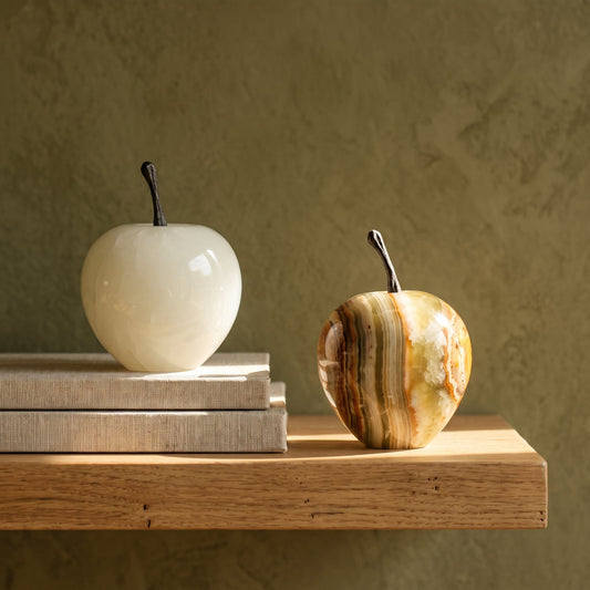 Orchard™ Stone Apples styled on an oak shelf in a warm Calm Eden-style room