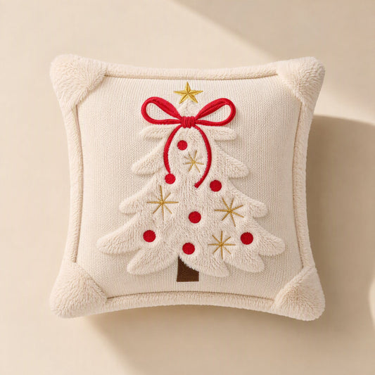 Square polyester Christmas tree pillow cover with quilted embroidery and a bow - view 2