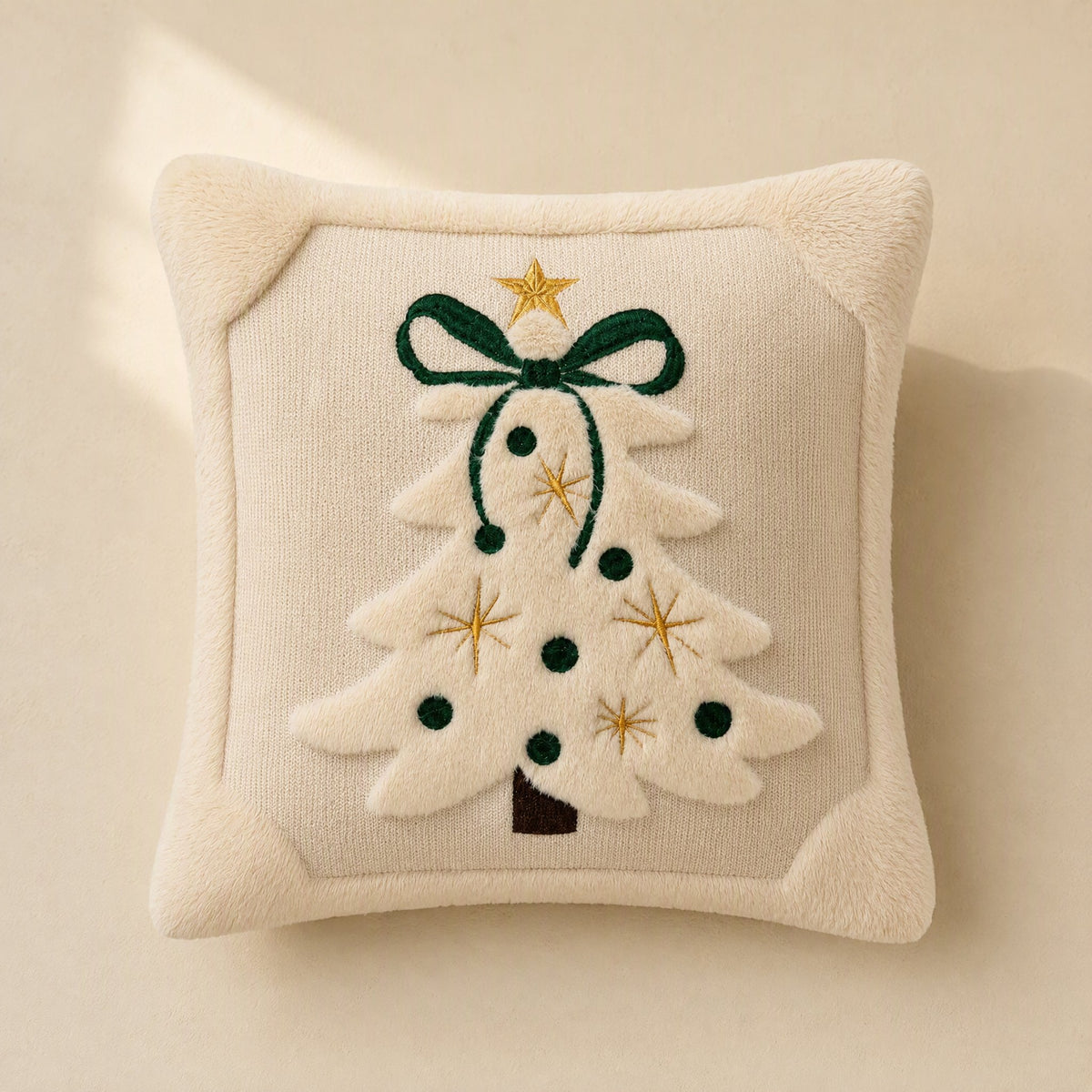 Square polyester Christmas tree pillow cover with quilted embroidery and a bow - view 5