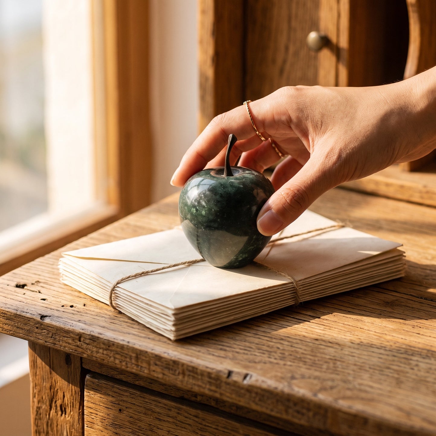 Placing the black marble Orchard™ Stone Apple on a stack of letters
