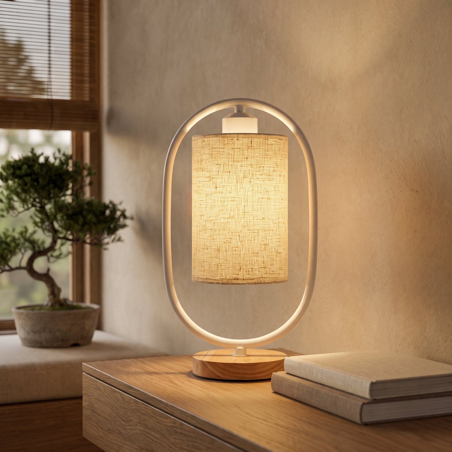 Hoop™ Lantern Table Lamp glowing on an oak sideboard in a warm Calm Eden-style room