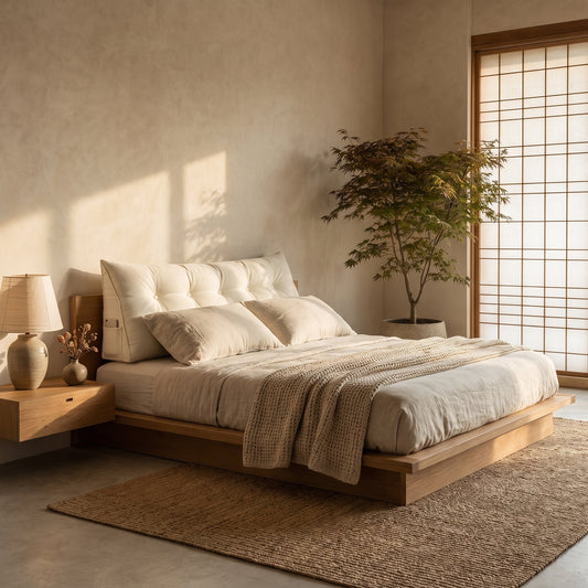 Lean™ Headboard Wedge Pillow at true 150 cm width behind the pillows in a warm Calm Eden-style bedroom