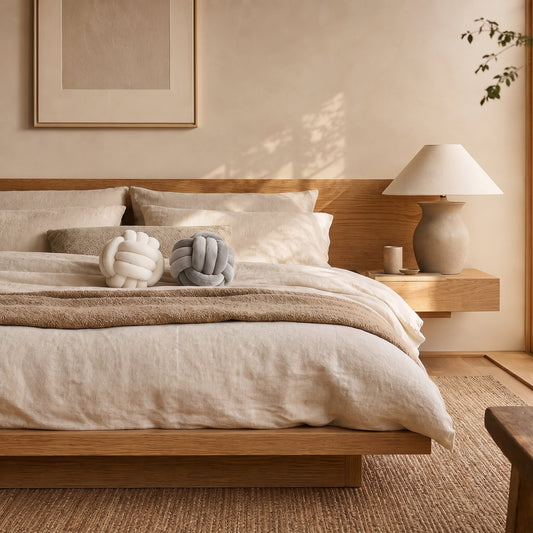 Knot™ Velvet Ball Cushions on the oak platform bed in the Calm Eden bedroom
