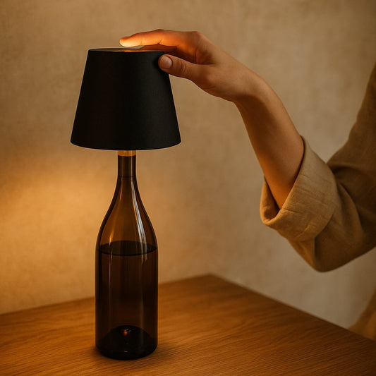 Hand tapping the Cork bottle lamp touch disc to dim the light