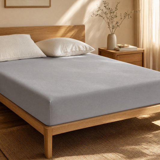Calm Eden Tuck light grey fitted sheet on an oak bed