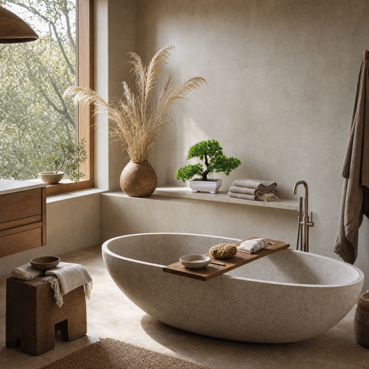 Faux bonsai in a windowless spa bathroom