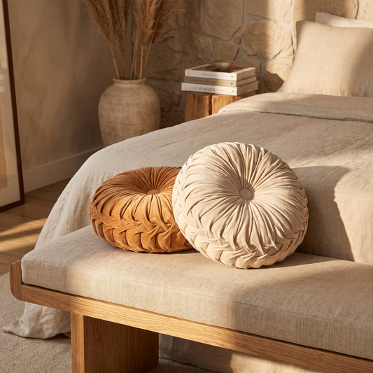 Dahlia™ Velvet Round Cushions on a linen bench in a warm Calm Eden-style bedroom