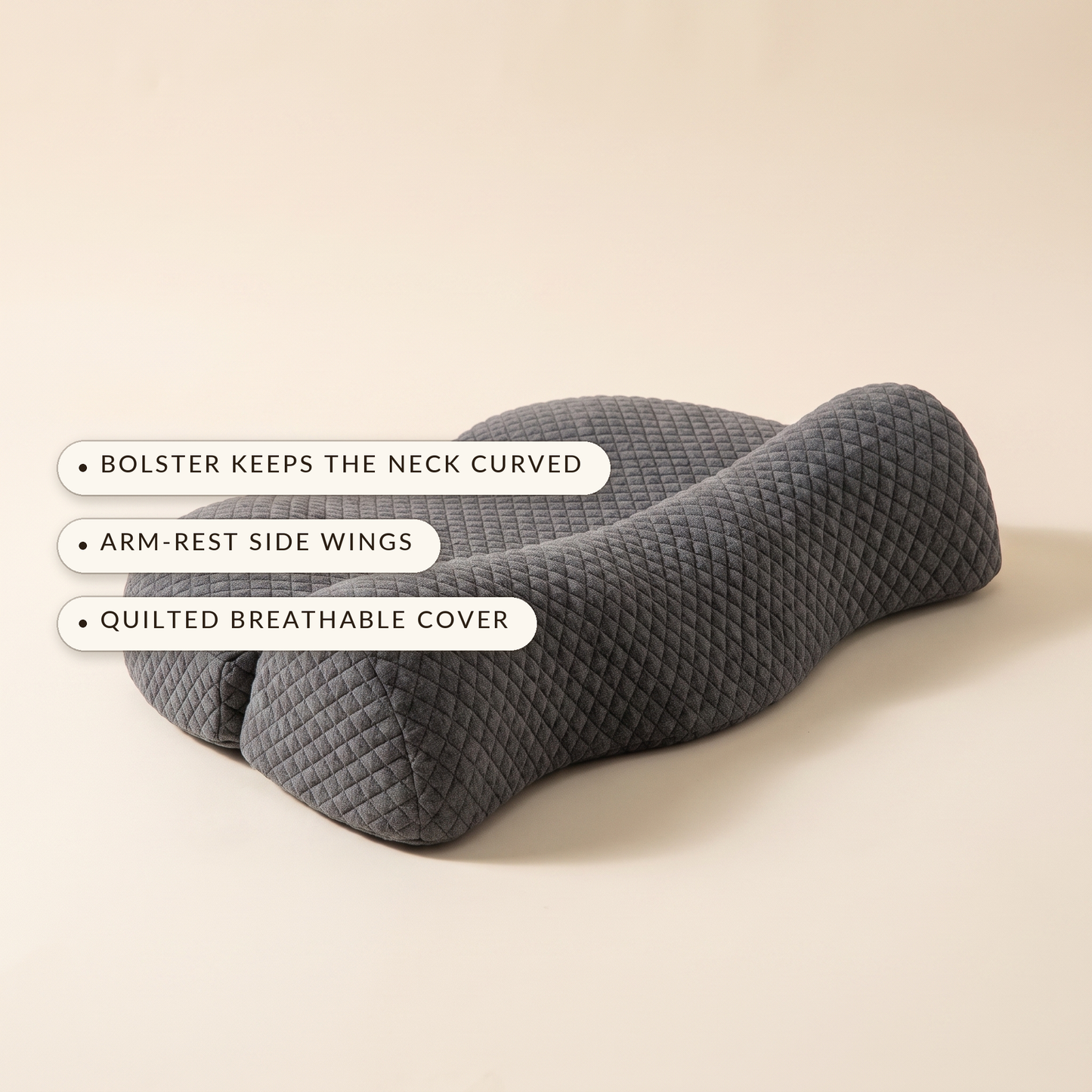 Curve™ Cervical Relief Pillow — bolster keeps the neck curved, arm-rest side wings, quilted breathable cover
