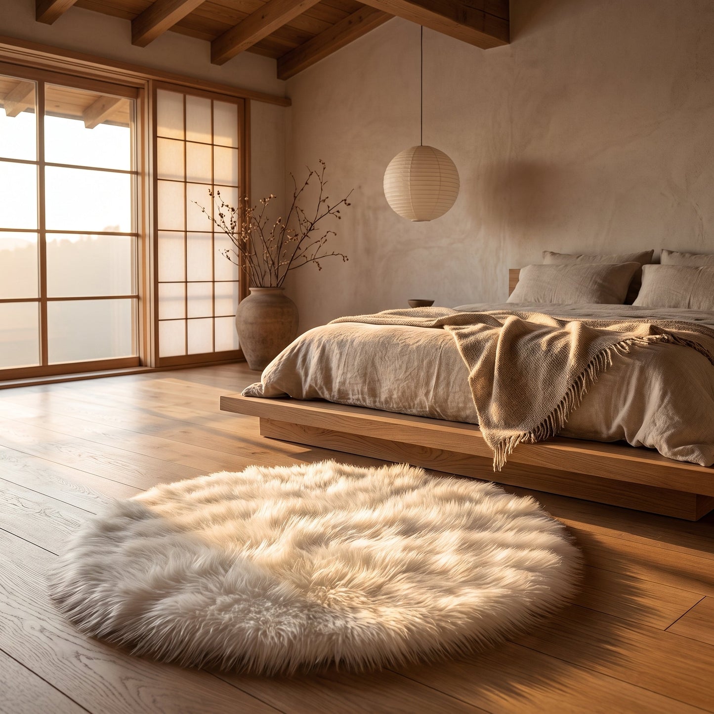Tuft™ Faux Fur Round Rug beside the oak platform bed in a warm Calm Eden-style bedroom