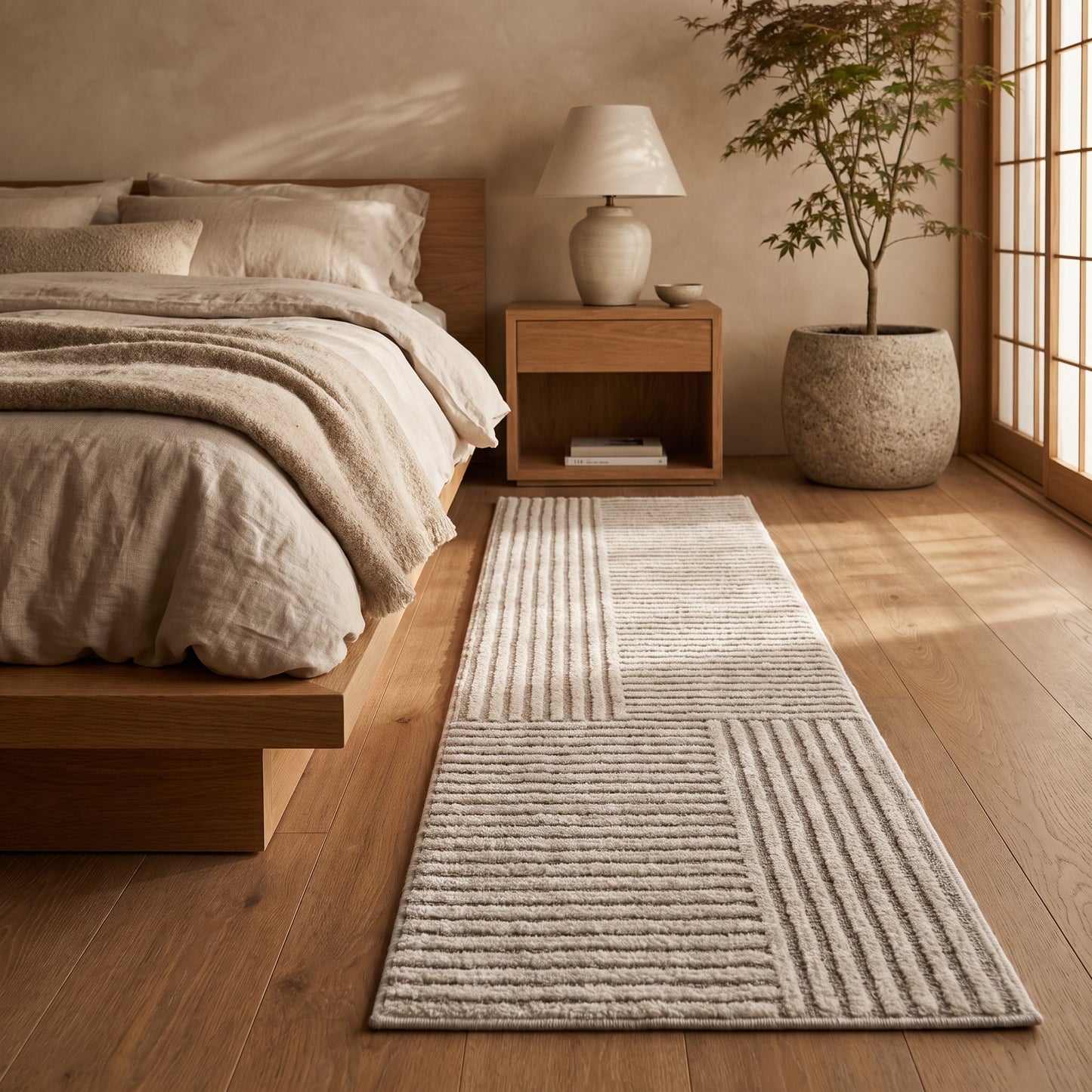 Loom™ Bedside Runner Rug alongside the oak platform bed in a warm Calm Eden-style bedroom