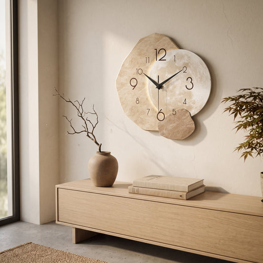 Cairn Clock hanging above a pale oak sideboard in a warm Japandi living room