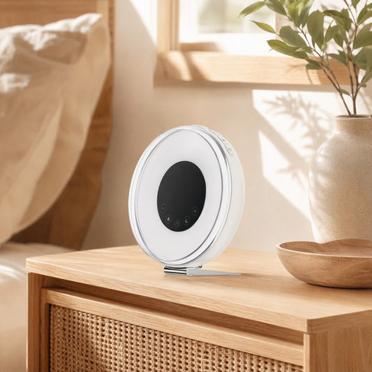 Wakebeam™ LED Wake-Up Light Alarm Clock in a calm home setting