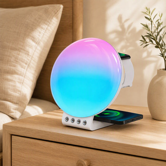 Sunchime™ Sunrise Sunset Alarm Clock With Wireless Charging in a calm home setting