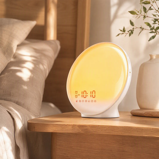 Glowrise™ Wake-Up Alarm Clock Table Lamp in a calm home setting