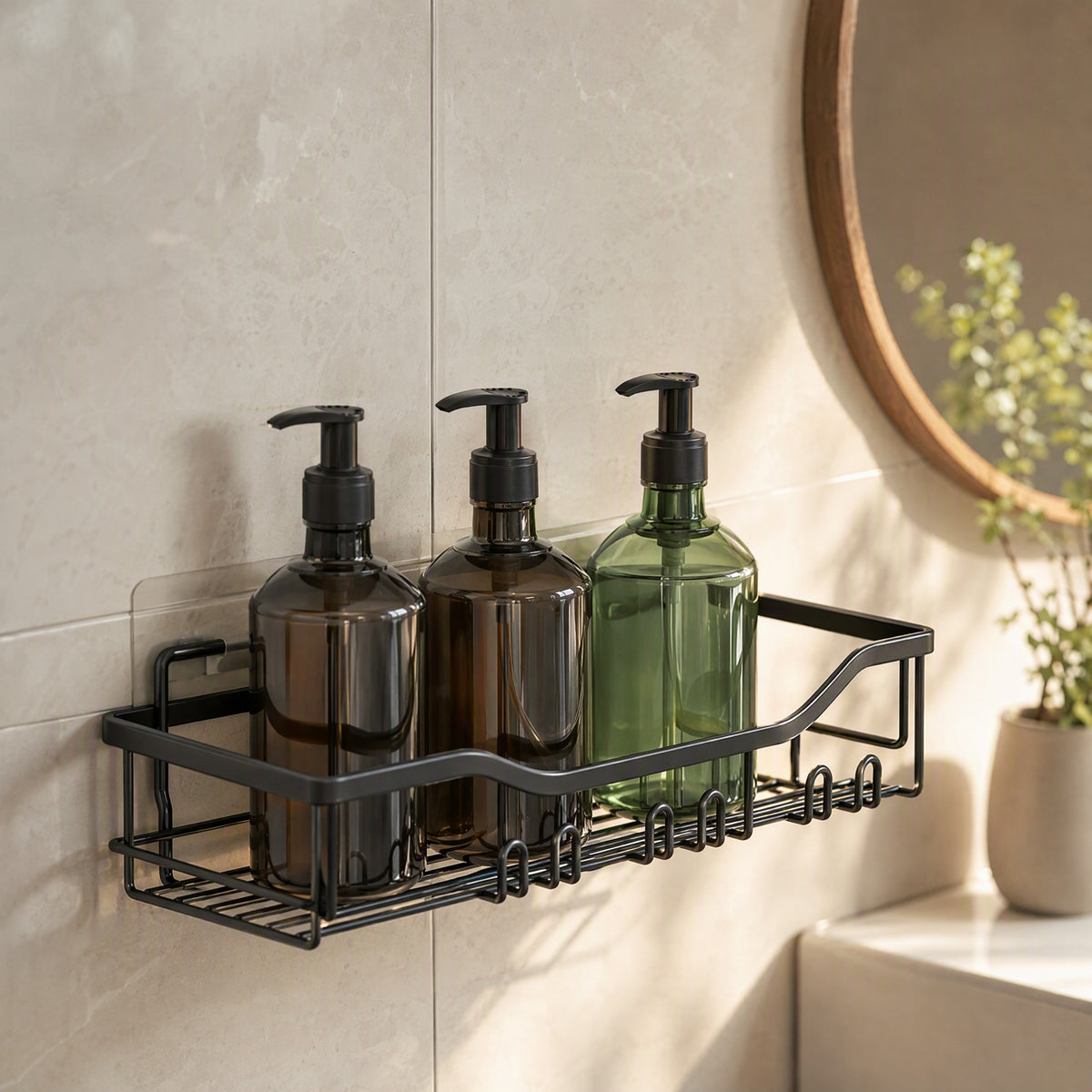 Darkledge™ Black Carbon Steel Bathroom Storage Rack, styled close view