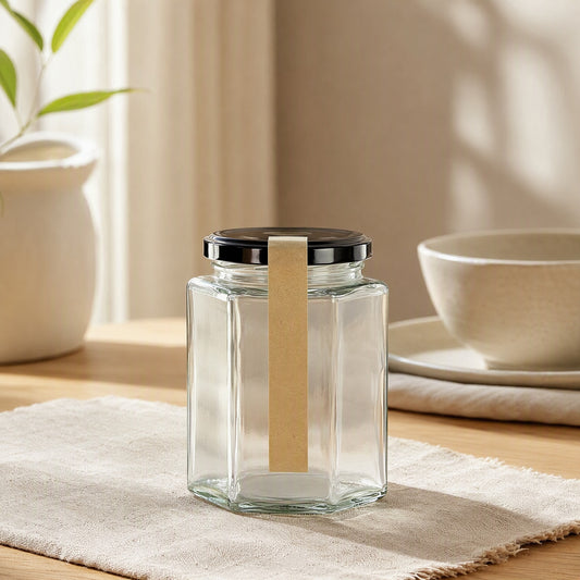 Hexahold™ Hexagonal Glass Food Jar With Lid in a calm home setting