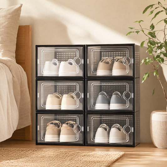 Shoepeek™ Transparent Plastic Shoe Storage Box in a calm home setting