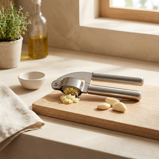 Garlicmash™ Stainless Steel Garlic Press in a calm home setting
