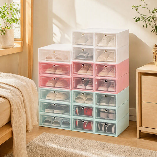 Soleview™ Transparent Plastic Shoe Storage Box in a calm home setting