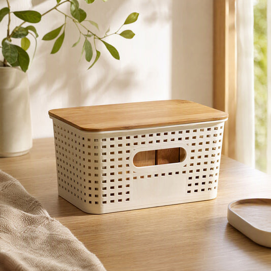 Bamboocap™ Plastic Desktop Storage Box With Bamboo Lid in a calm home setting