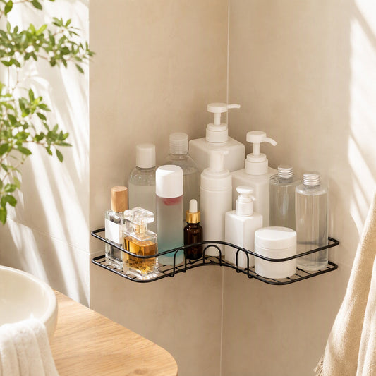 Steelnook™ Carbon Steel Bathroom Corner Rack in a calm home setting
