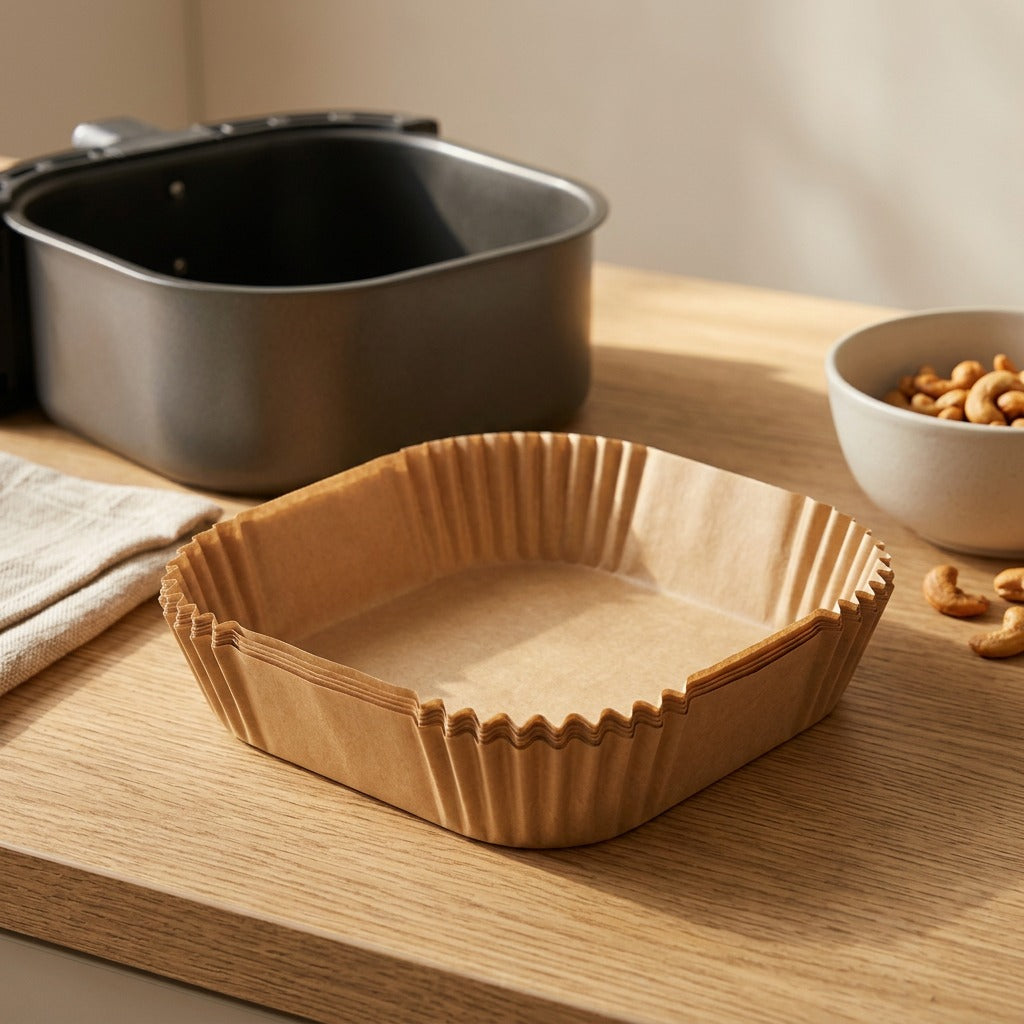 Woodcrisp™ Raw Wood Pulp Air Fryer Paper, styled close view