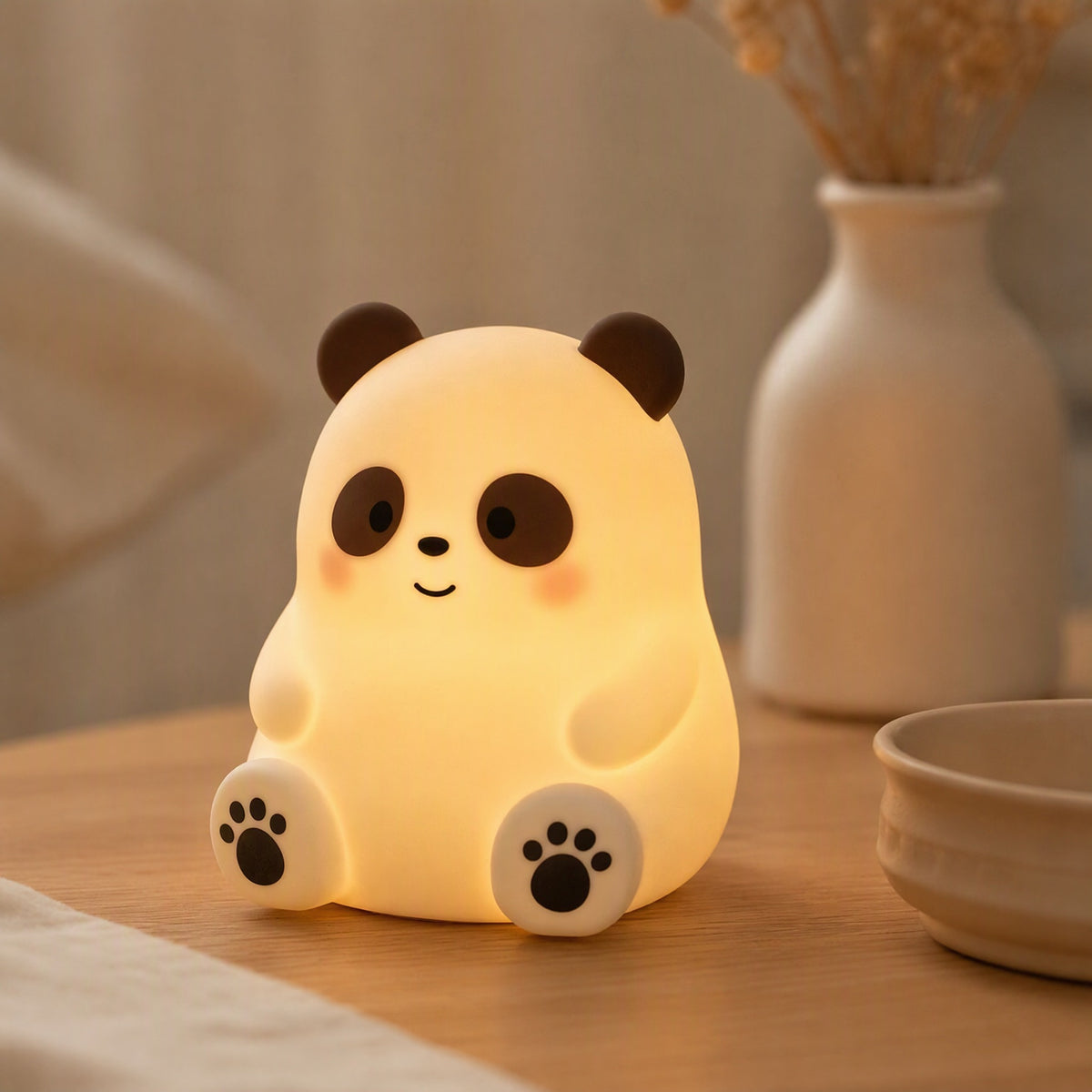 Pandapuff™ Silicone Panda Night Light, styled close view