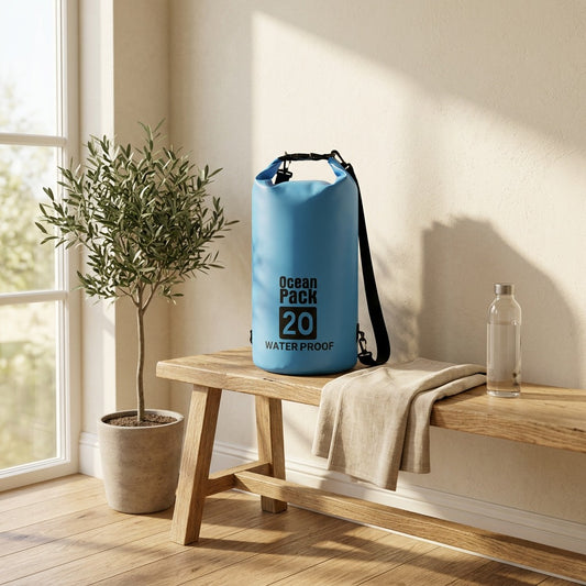 Shoreseal™ PVC Waterproof Beach Bag in a calm home setting