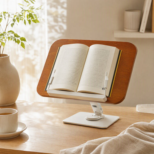 Oakswivel™ Oak Adjustable Rotating Book Stand in a calm home setting