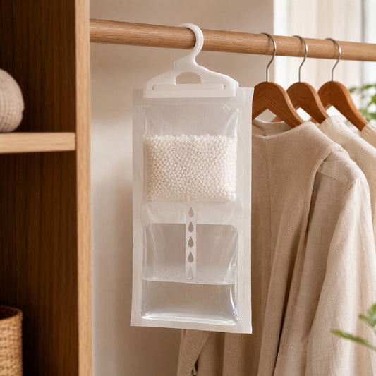 Wardrobease™ Hanging Wardrobe Dehumidification Bag in a calm home setting