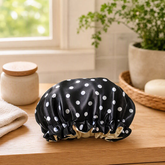 Satinsoft™ Children’s Satin Shower Cap in a calm home setting