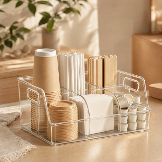 Cupcubby™ Compartment Cup Storage Rack in a calm home setting