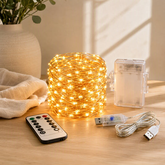 Plugglint™ USB Copper Wire String Lights in a calm home setting