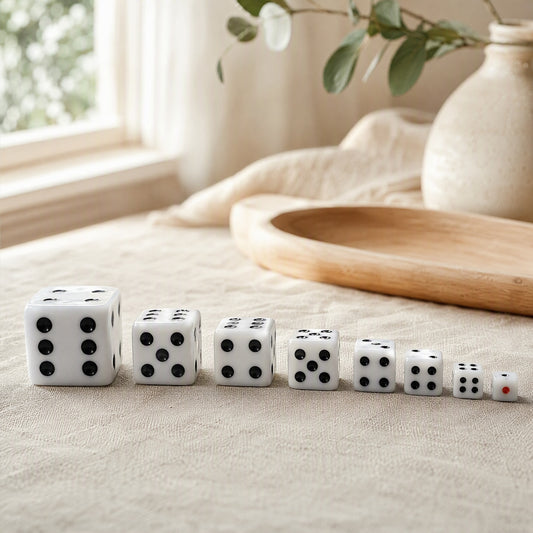 Squarepip™ White Acrylic Square Corner Dice in a calm home setting