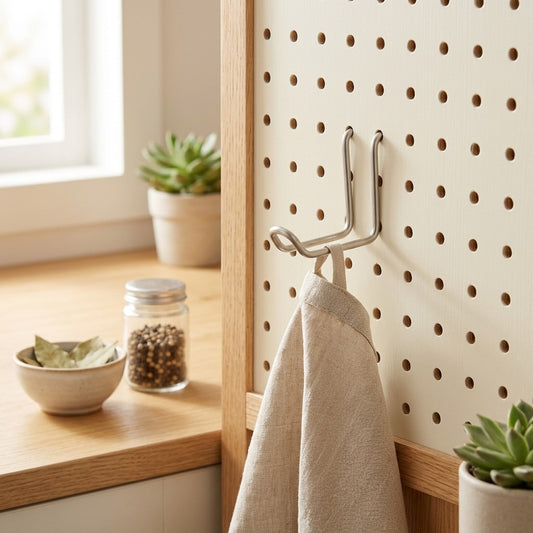 Railhook™ Stainless Steel Double-Line Board Hook in a calm home setting