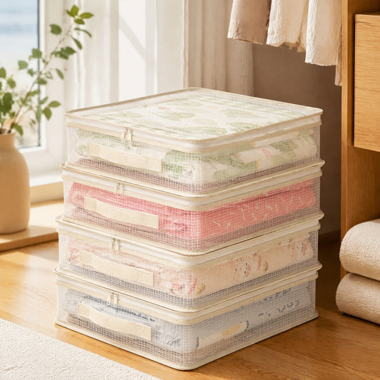 Meshkeep™ Four-Piece Mesh Clothing Storage Bag Set in a calm home setting
