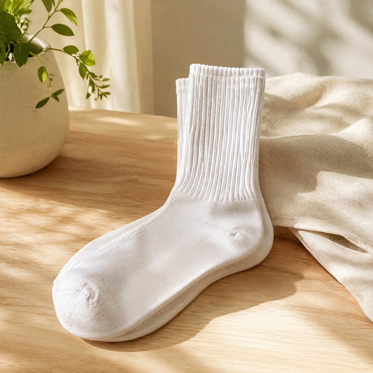 Cottoncourt™ White Mid-Calf Cotton Sports Socks in a calm home setting