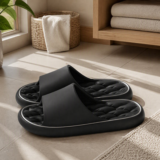 Showerfloat™ EVA Foam Shower Slide Sandals in a calm home setting