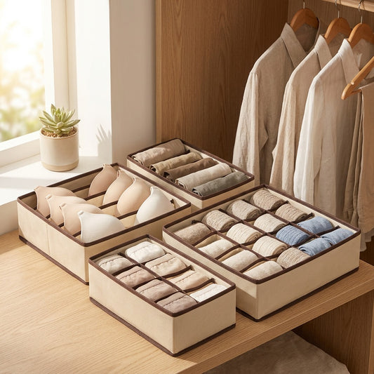 Pairgrid™ Four-Piece Underwear Storage Box Set in a calm home setting