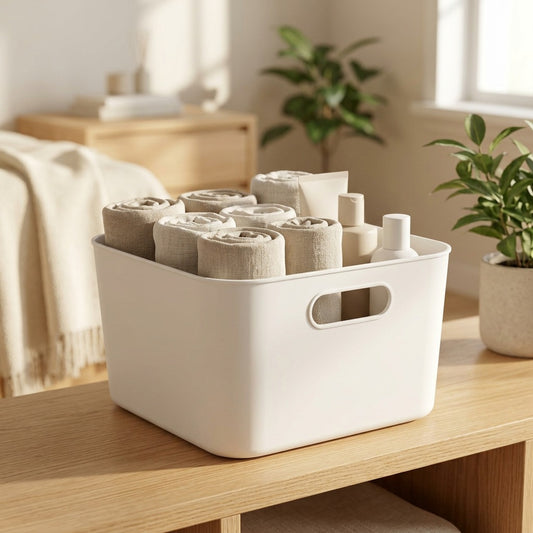 Basknest™ White Plastic Storage Basket in a calm home setting