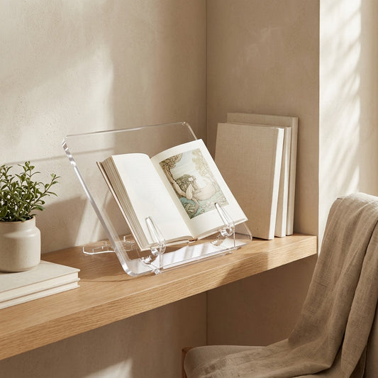Cleartilt™ Acrylic Adjustable Book Stand in a calm home setting