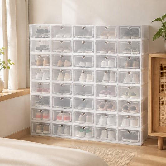 Shoestack™ Stackable Polypropylene Shoe Storage Box in a calm home setting