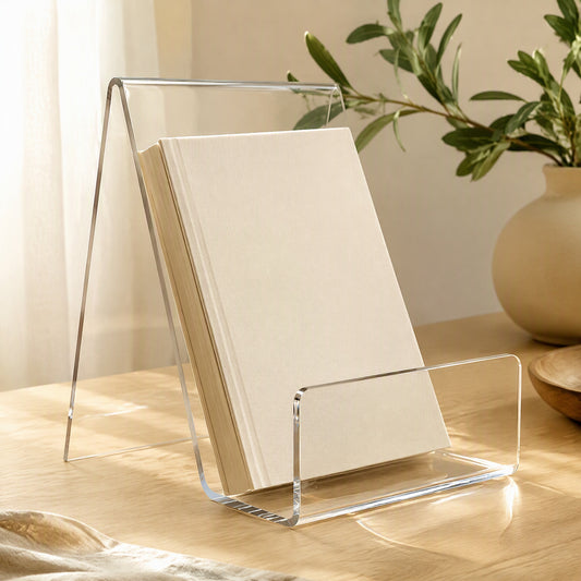 Clearleaf™ Transparent Acrylic Book Stand in a calm home setting