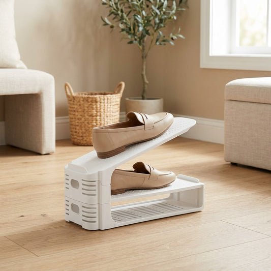 Pairstack™ Two-Layer Plastic Shoe Rack in a calm home setting
