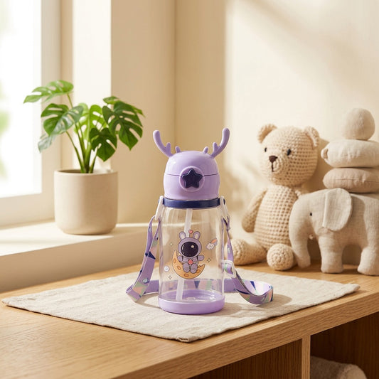 Antlersip™ Cartoon Antler Plastic Water Cup in a calm home setting