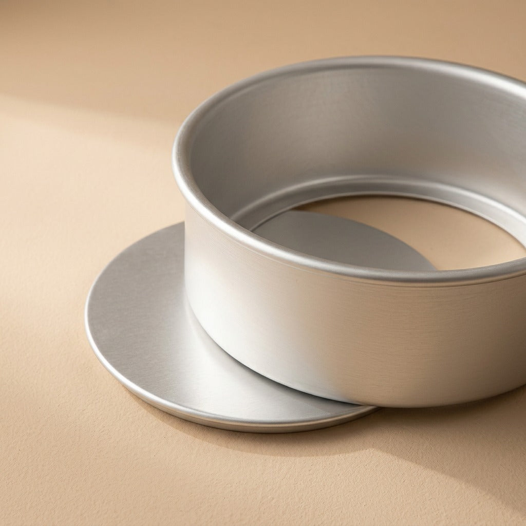 Tinbake™ Round Aluminum Cake Mold, material and detail close-up