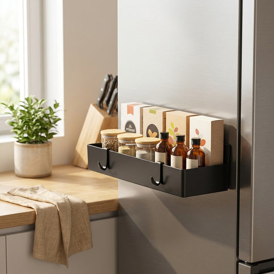 Fridgeclasp™ Magnetic Refrigerator Storage Rack in a calm home setting