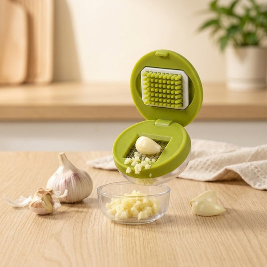 Cloveclamp™ Stainless Steel Manual Garlic Press in a calm home setting