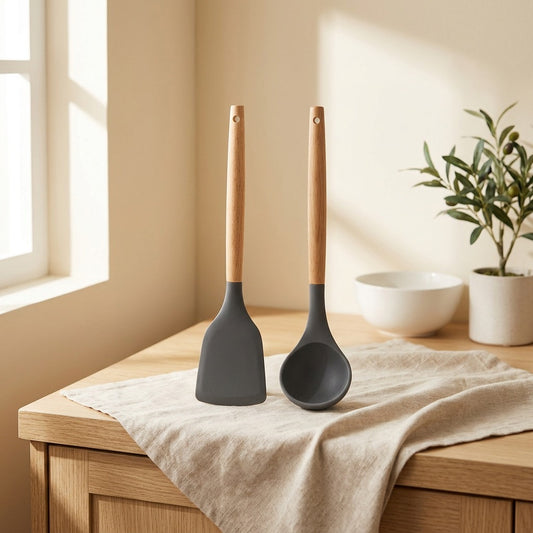 Soupscoop™ Silicone Spatula and Soup Spoon Set in a calm home setting