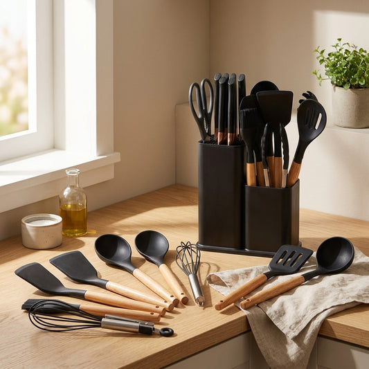 Cookstack™ 19-Piece Silicone Kitchenware Set in a calm home setting